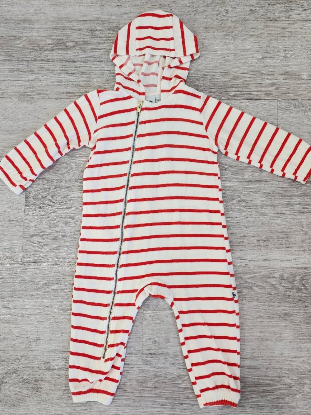 Mini Rodini Hooded Jumpsuit Toddler 9-18M White and Red Stripes Organic Cotton